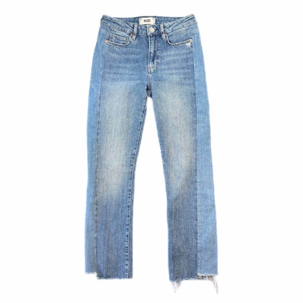 Paige Cindy Twisted Seam Straight Leg Alette Raw Hem Two-Tone Stripe Denim Jeans